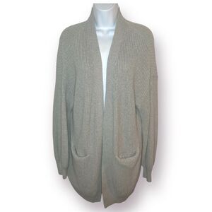 Tahari Gray Cotton Luxe Open Front Cardigan Pockets M